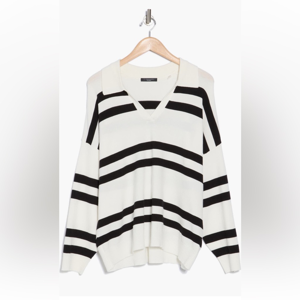 NWT T Tahari Johnny Collar Sweater Black and White Stripes size 1X